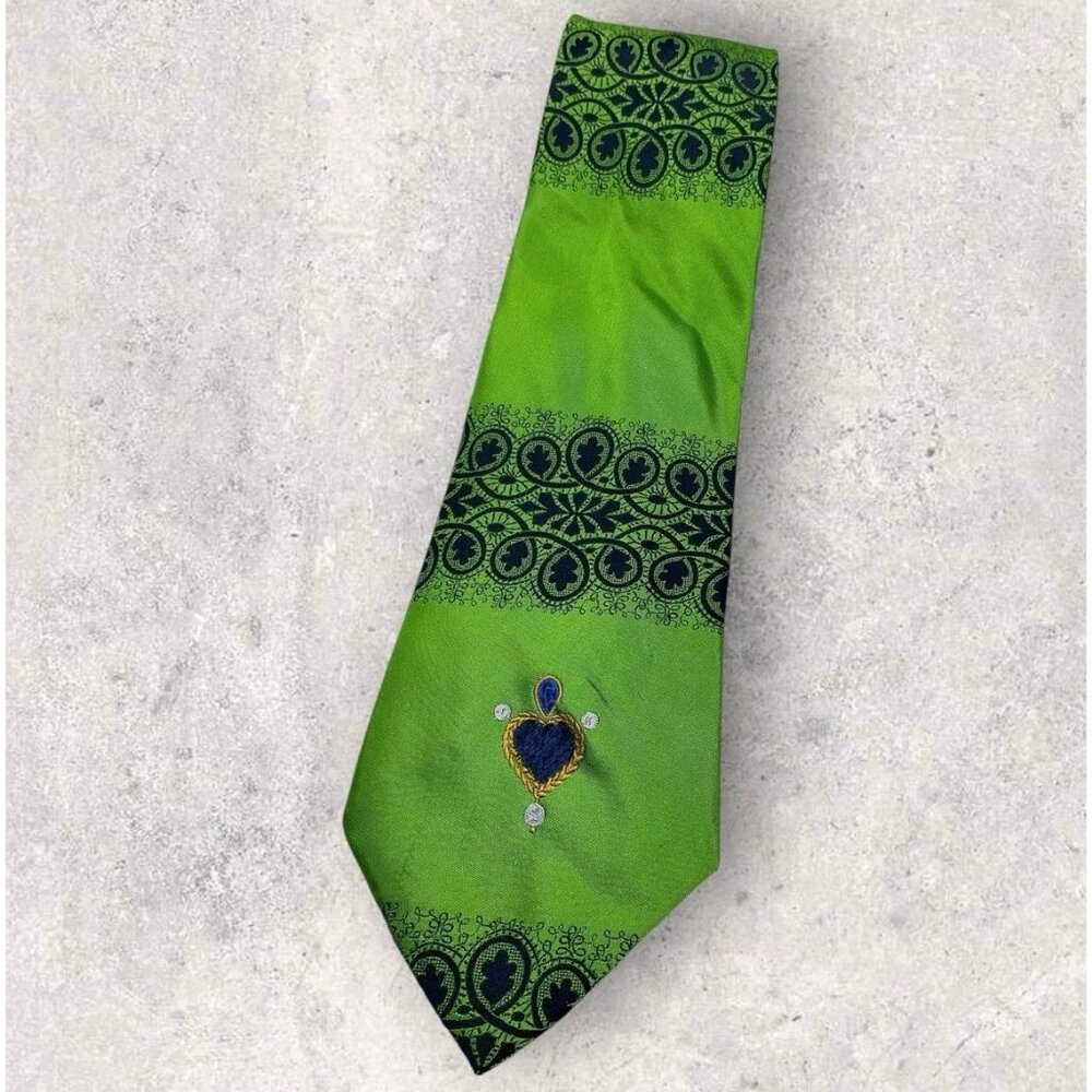 CHRISTIAN LACROIX Silk Tie ITALY Green Navy Geometric Hearts W:3.8" EUC